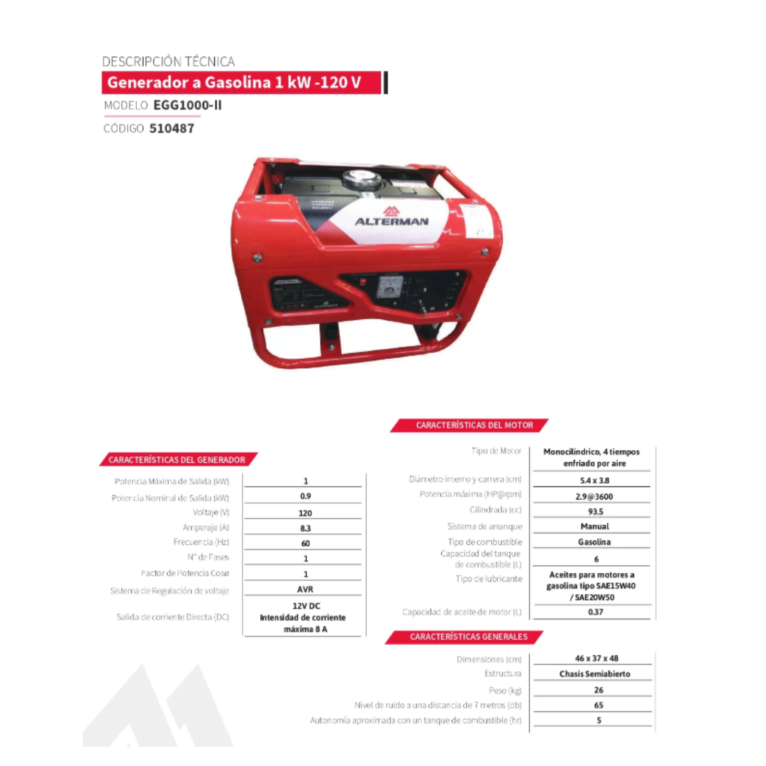 Generador Electrico Alterman a Gasolina EGG1000-II